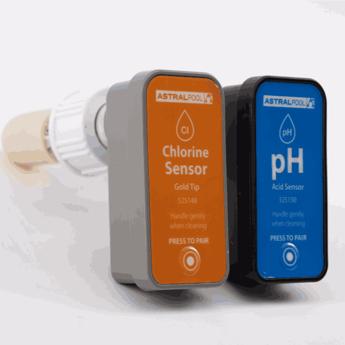 Astralpool chlorine and pH sensors on a white background