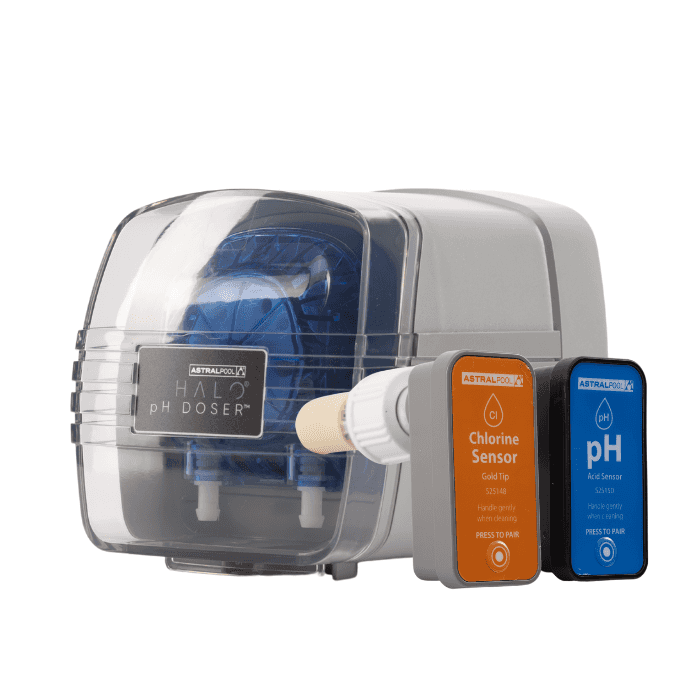 Halo pH doser with chlorine sensor and pH sensor on a white background