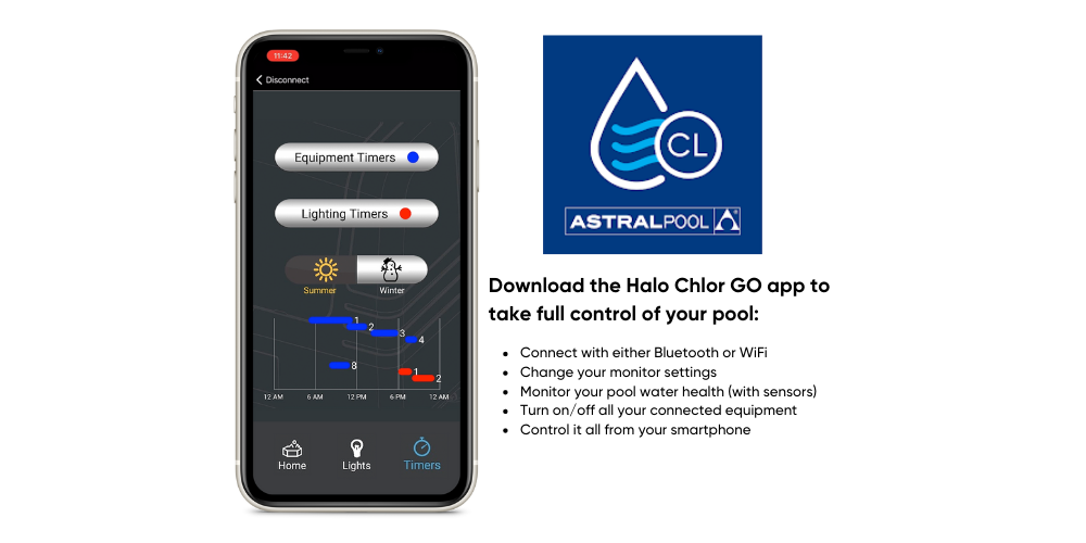 Smartphone displaying the Halo Chlor GO app with AstralPool logo on a white background