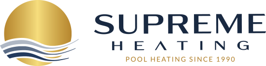 Supreme Heating logo with a gold circle and wavy lines, featuring the text 'Pool Heating Since 1990'.