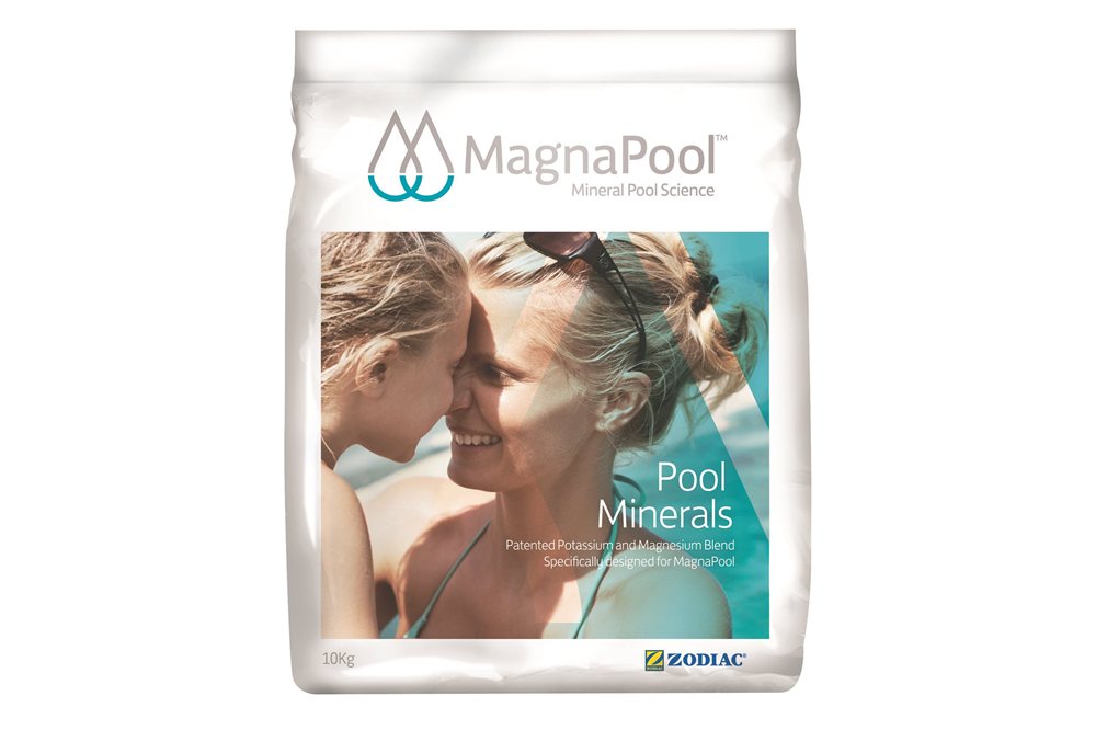 MagnaPool pool minerals packaging with a photo of two people by a pool.